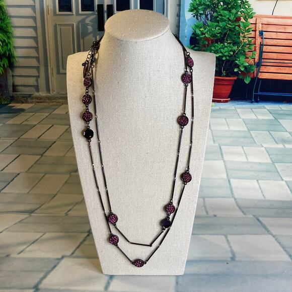 0116 Coldwater Creek Long Gatsby-Style Necklace in Gunmetal w/Pink Rhinestones - Picture 1 of 5